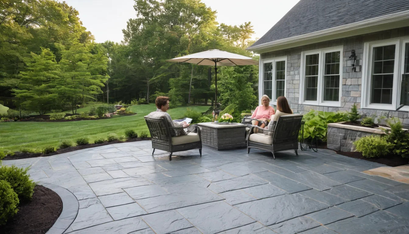 Freshly sealed stamped concrete patio with a slate pattern behind a home in Phoenixville